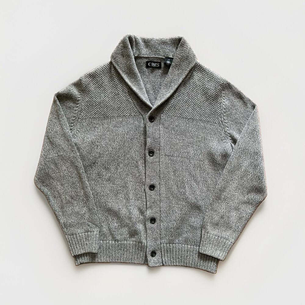 Chaps Shawl Collar Cardigan Sweater Men's Large Gray Cotton Button Knit Grandpa